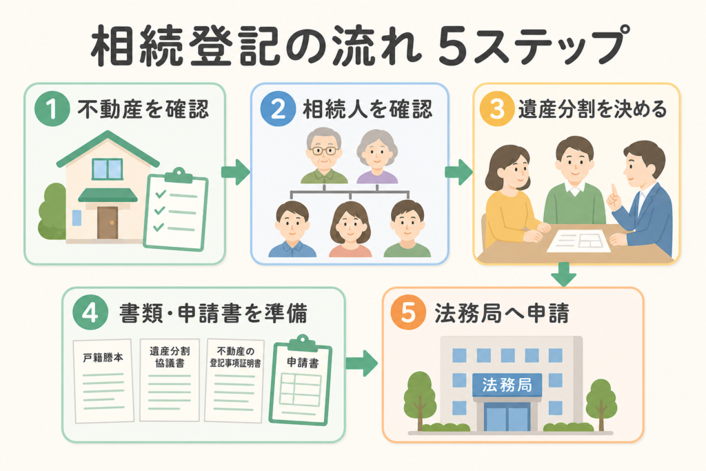 相続登記の流れを5段階で示す図解