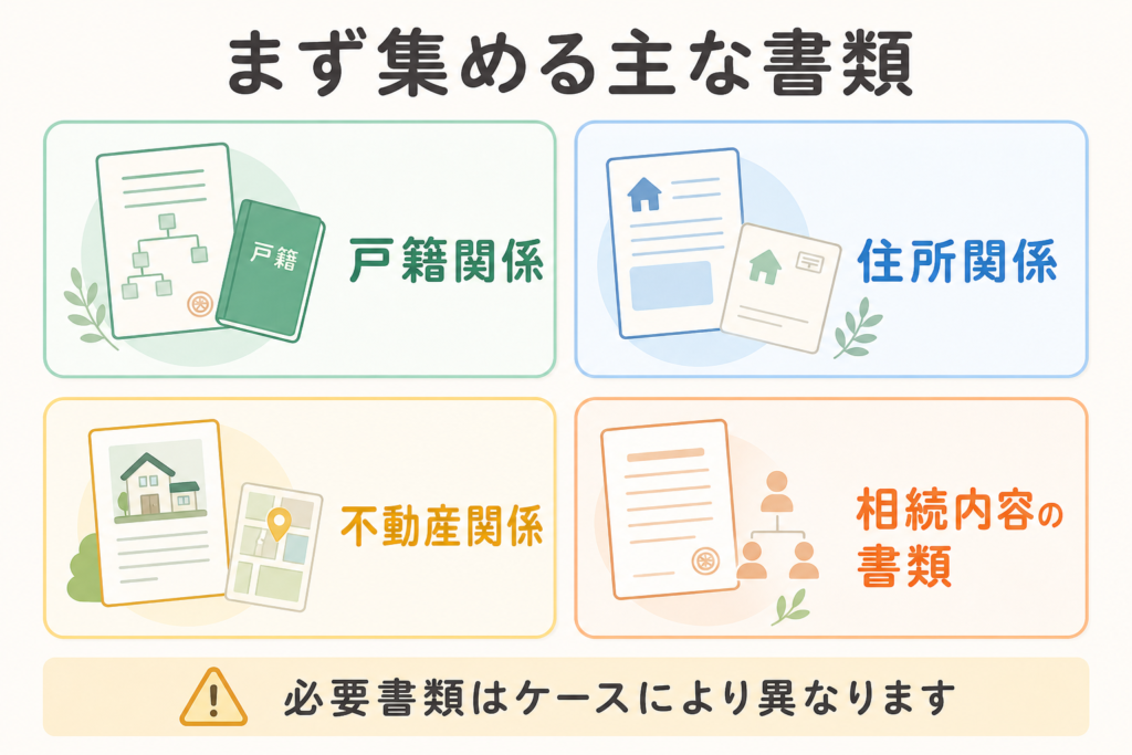 相続登記で集める主な書類を示す図解