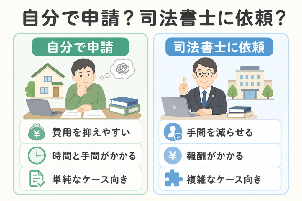 自分で申請する場合と司法書士に依頼する場合の比較図解