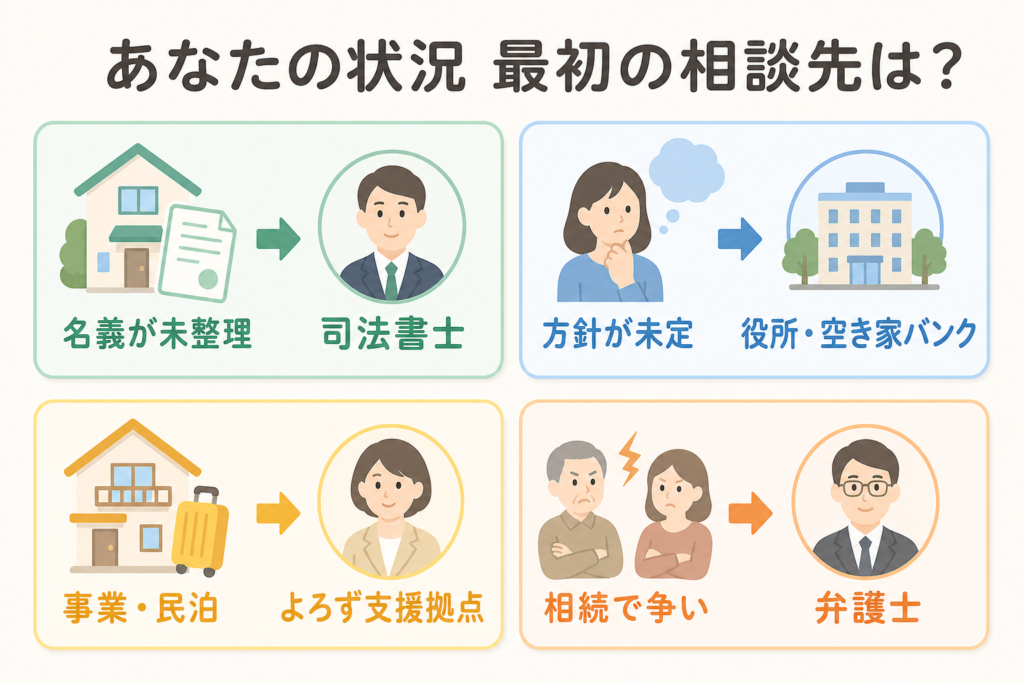 空き家の状況別に最初の相談先を示した図解