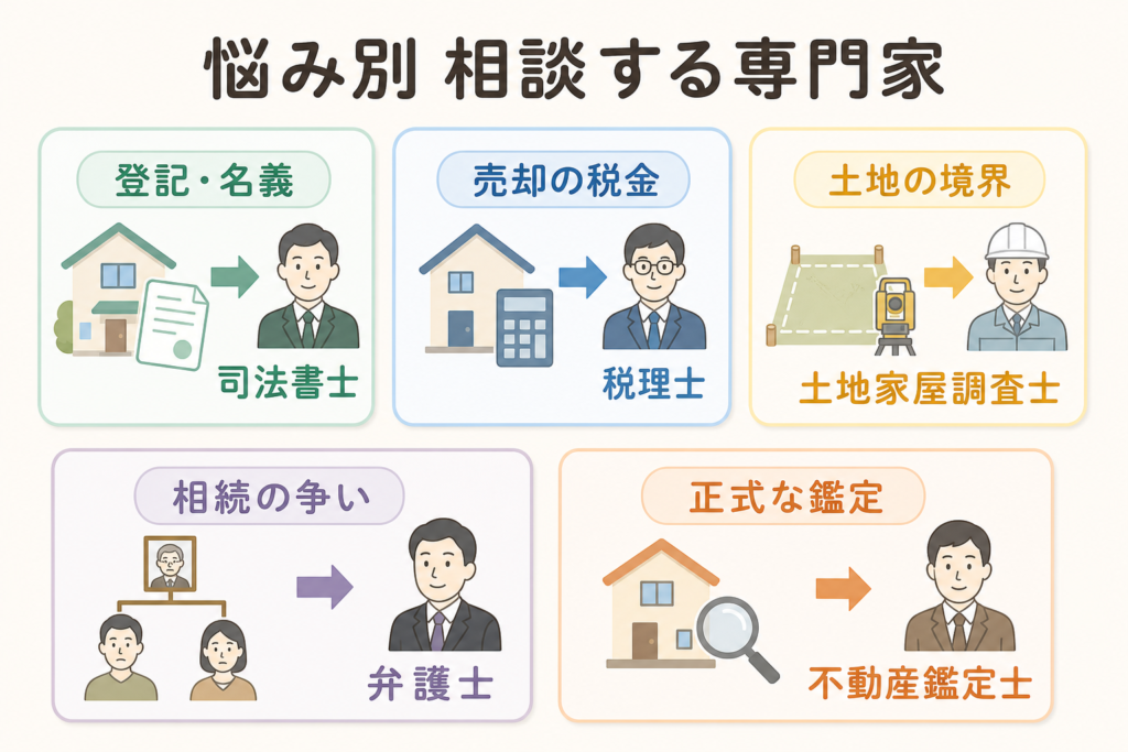 空き家の悩み別に相談する専門家を示した図解
