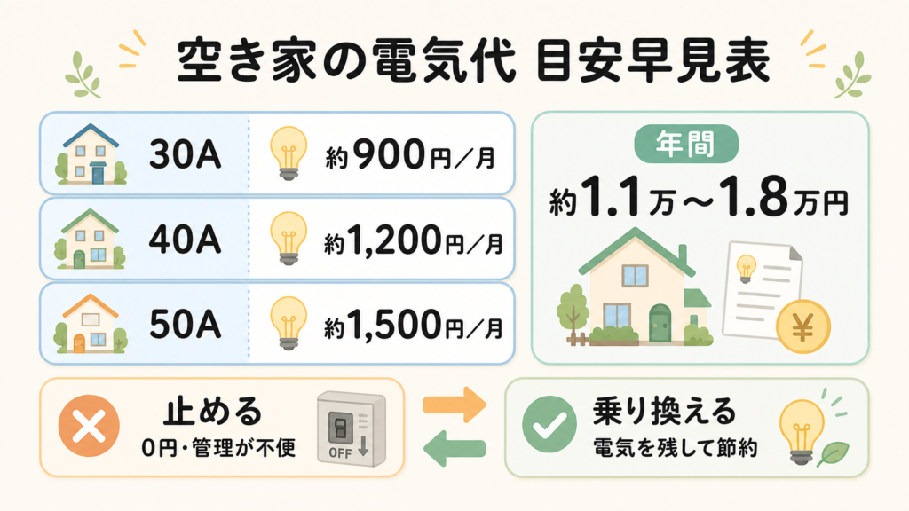 空き家の電気代の目安と、止める場合・乗り換える場合の比較