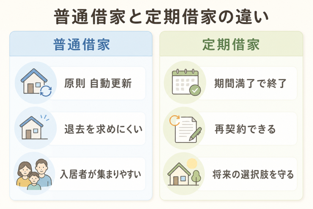普通借家と定期借家の主な違いを3項目ずつ比較した図解