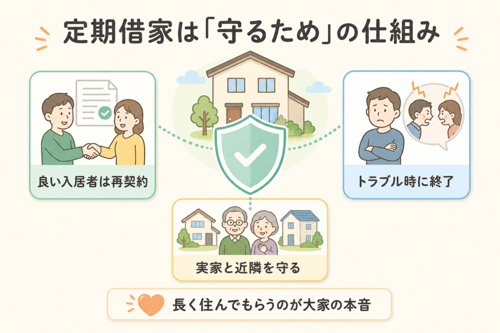 定期借家が良い入居者・実家・近隣を守る仕組みを示した図解