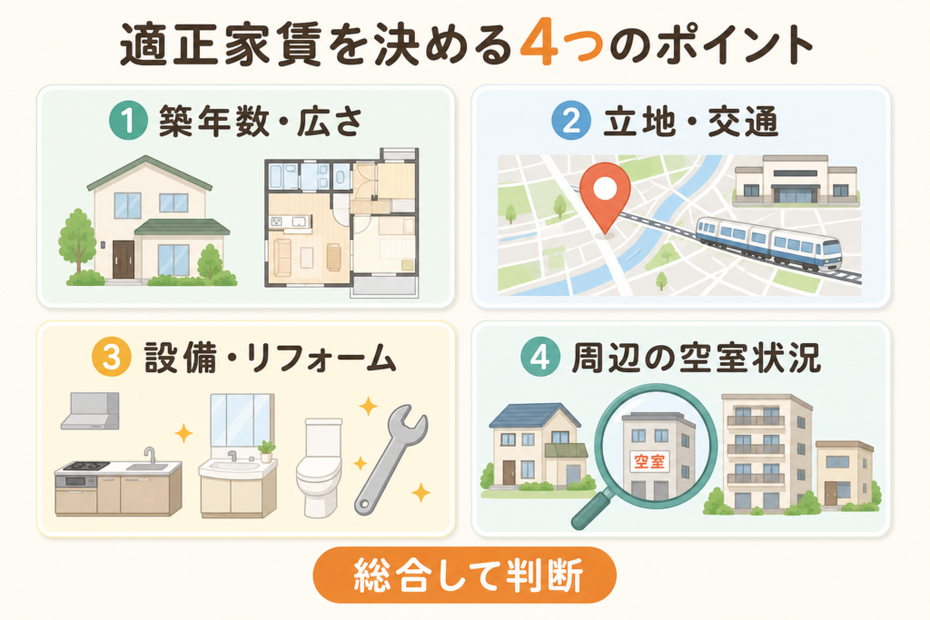 適正家賃を決める4つのポイントを示した図解
