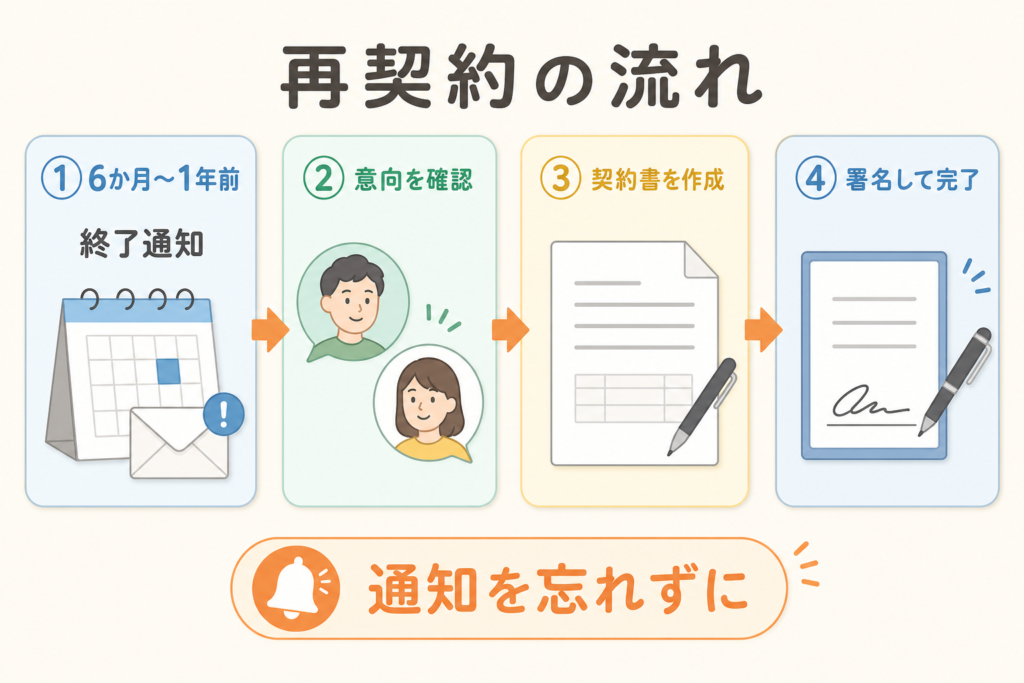 定期借家を再契約する4つの流れを示した図解