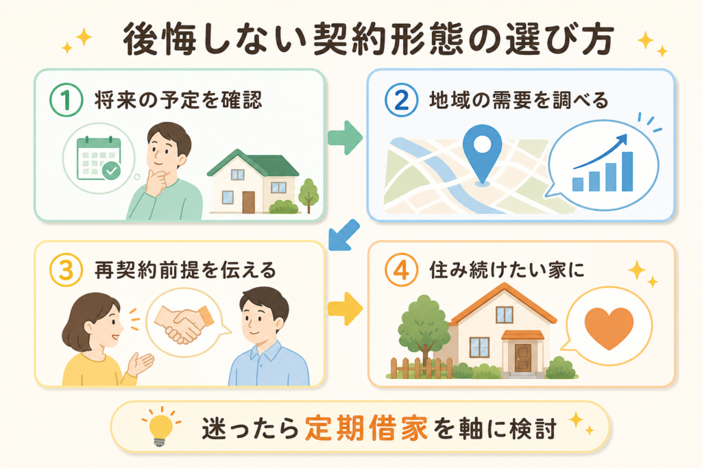 後悔しない契約形態の選び方4ステップを示した図解