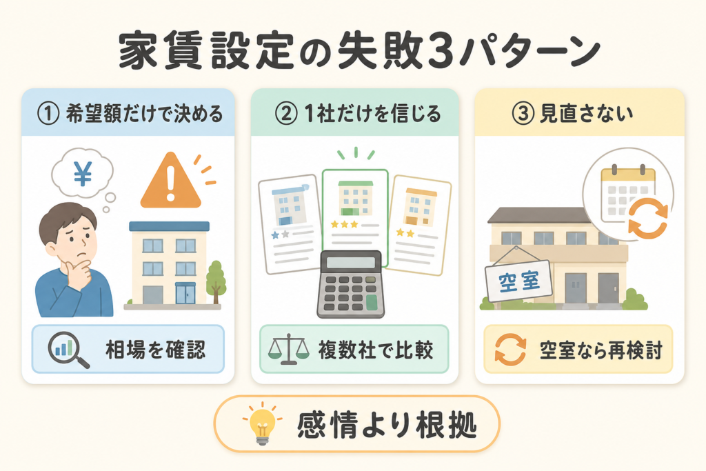 家賃設定でよくある失敗3パターンと対策を示した図解