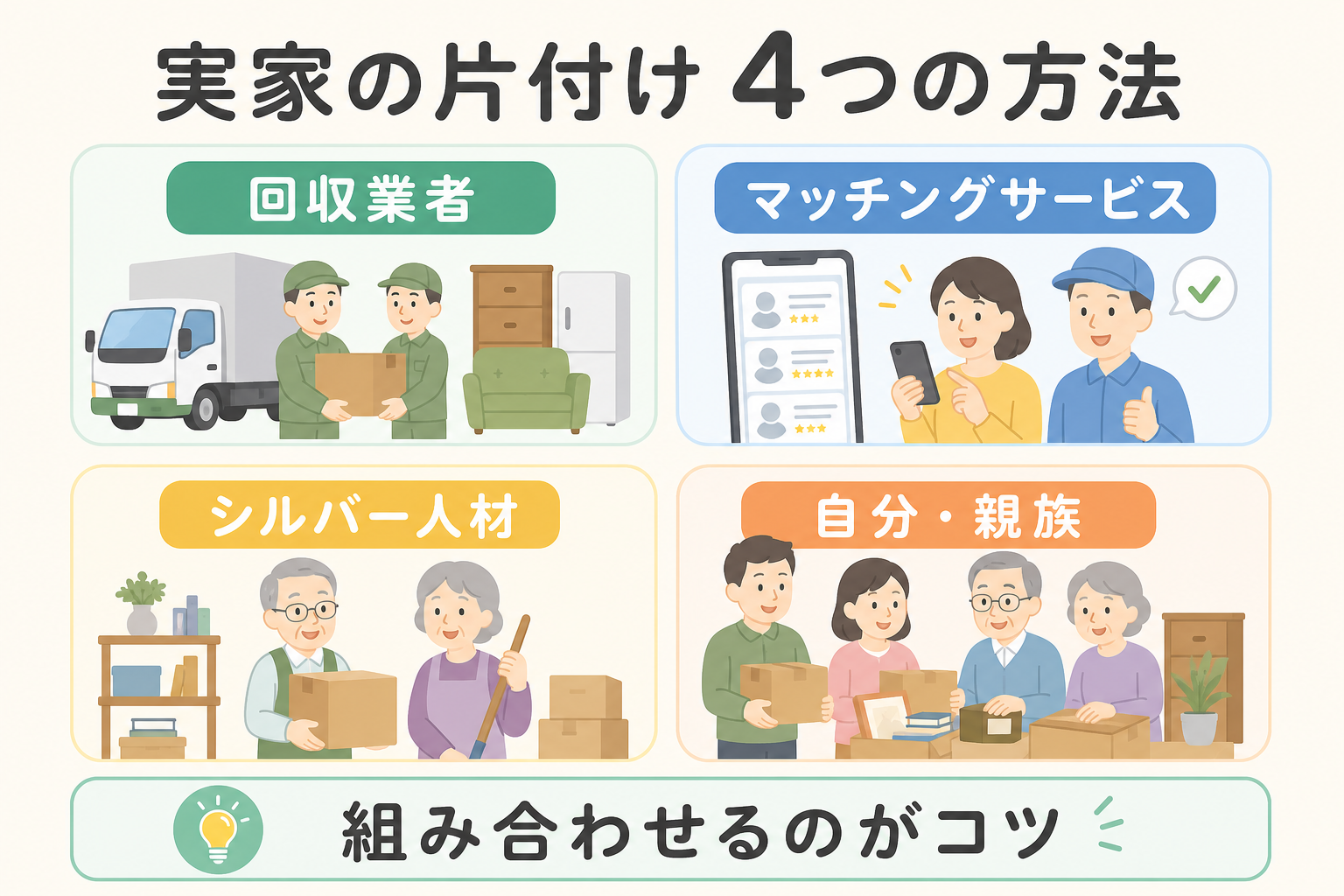 実家の片付けに使える4つの方法を示す図解