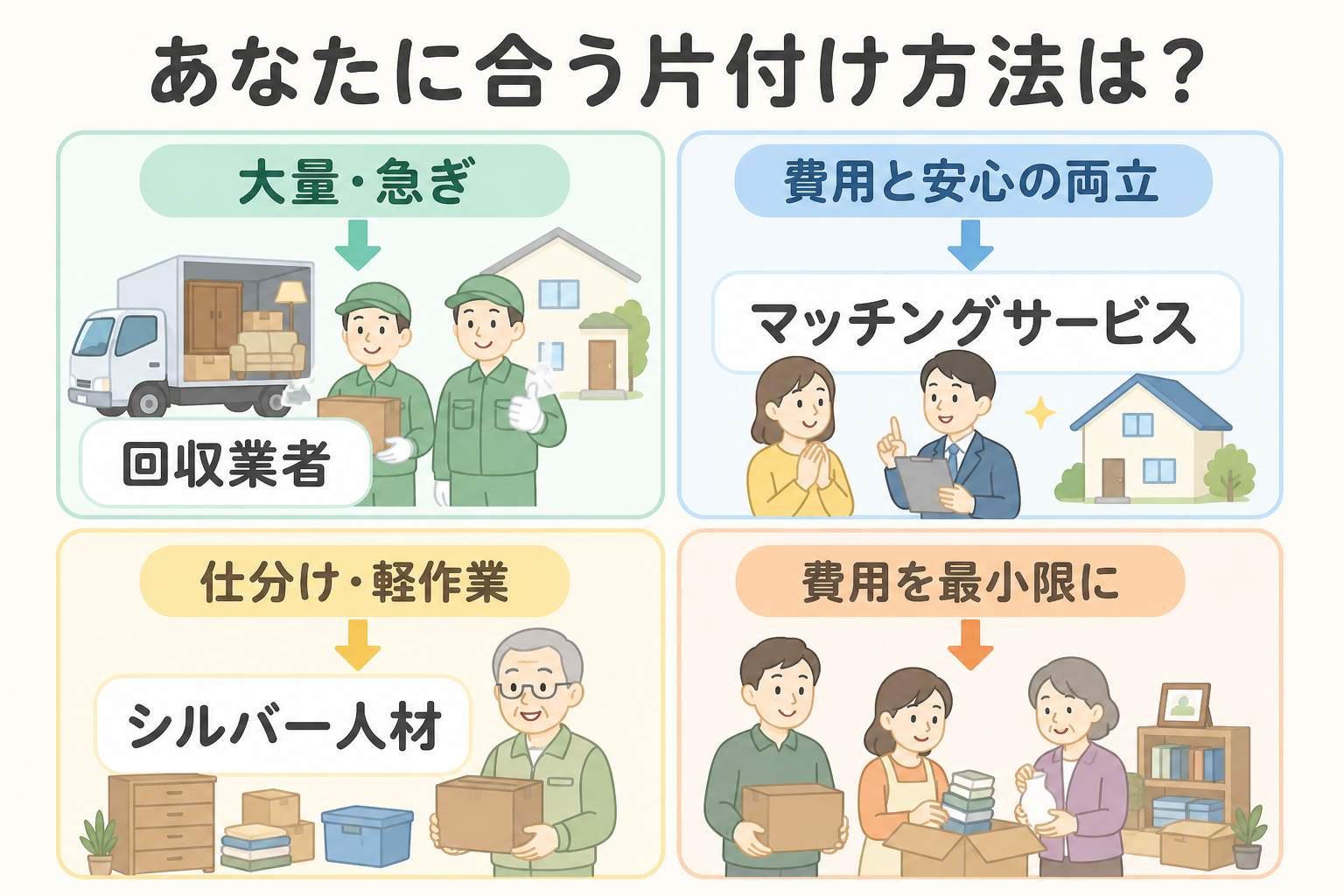 片付けの目的別に適した方法を示す比較図解
