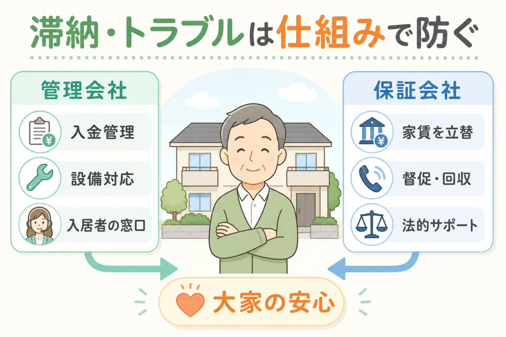 管理会社と保証会社の役割分担で滞納・トラブルを防ぐ仕組みの図解