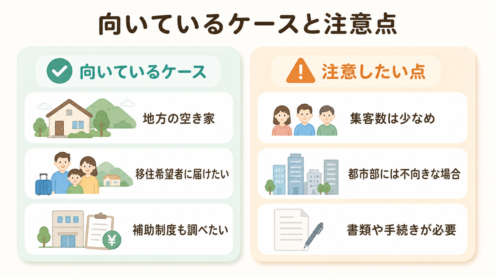 空き家バンクが向いているケースと注意点を比較した図解