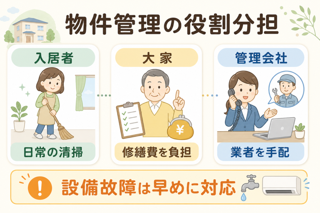 物件管理における入居者・大家・管理会社の役割分担を示した図解