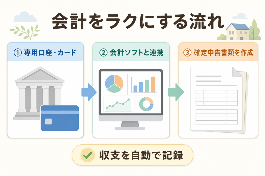 専用口座と会計ソフトで会計をラクにする3ステップの図解