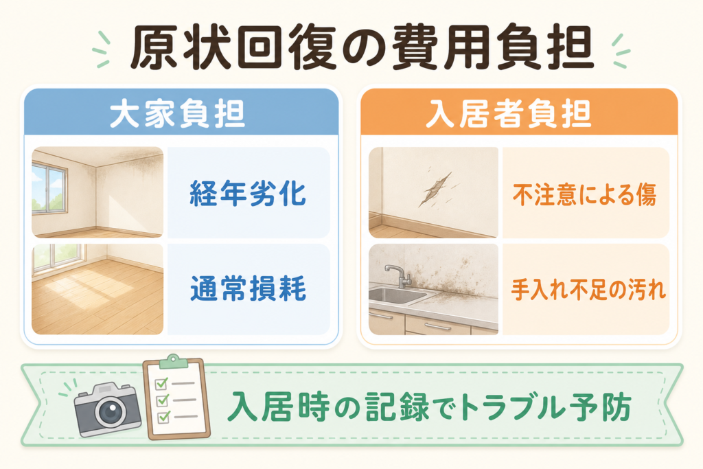 原状回復費用の大家負担と入居者負担を比較した図解