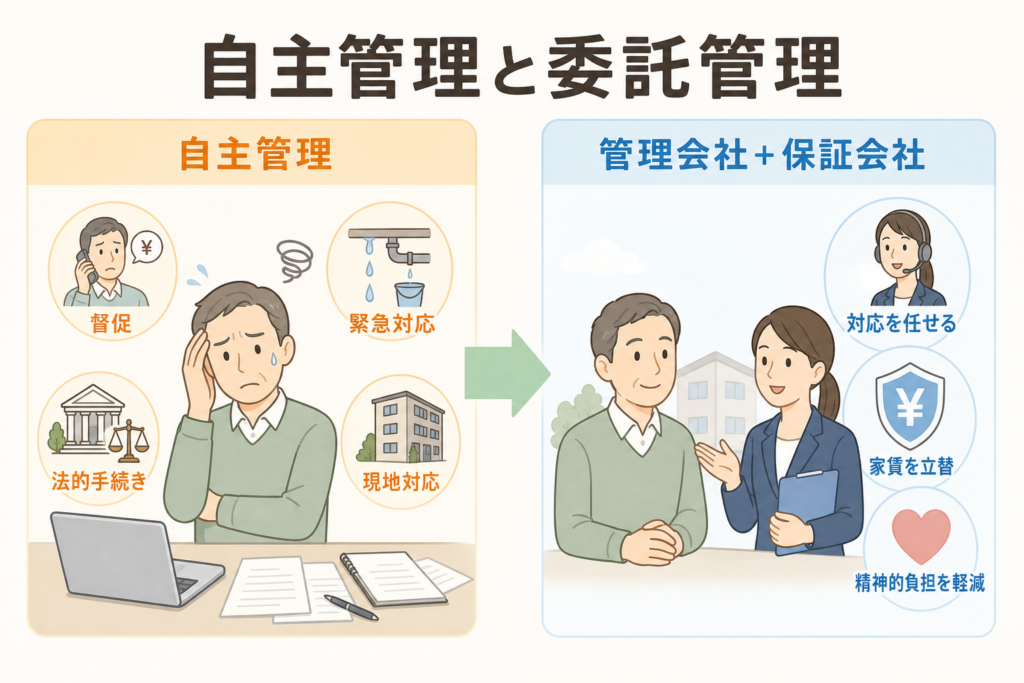 自主管理と管理会社・保証会社への委託を比較した図解