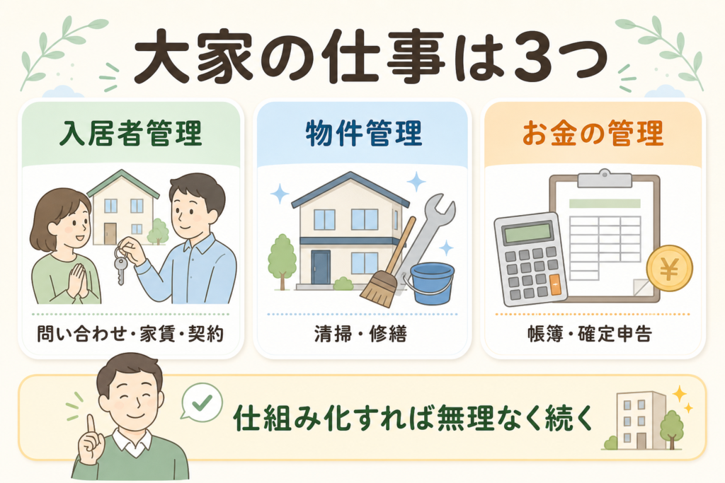 大家の仕事である入居者管理・物件管理・お金の管理をまとめた図解
