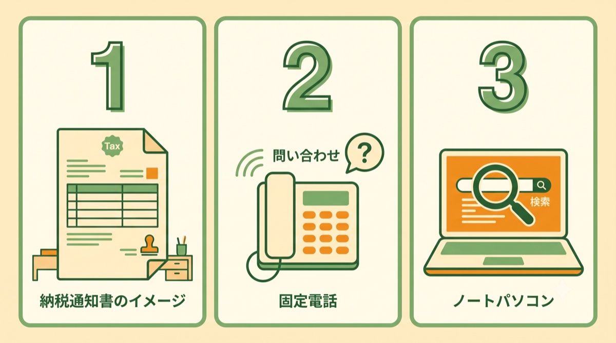 地番を調べる3つの方法(課税明細書・法務局へ電話・ネット検索)の図解