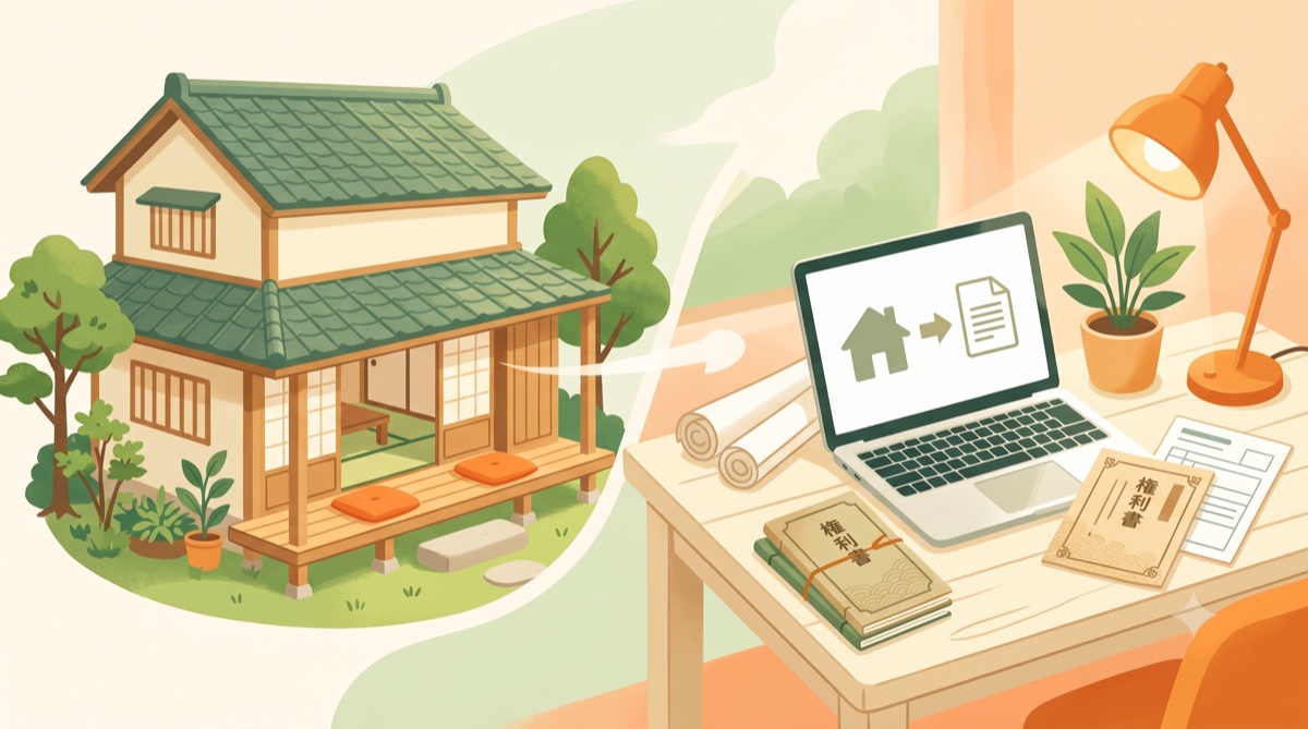 実家の登記簿を自宅から調べるイメージイラスト(日本家屋とノートパソコン)