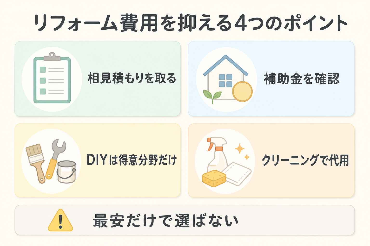 リフォーム費用を抑える4つのポイントを示す図解