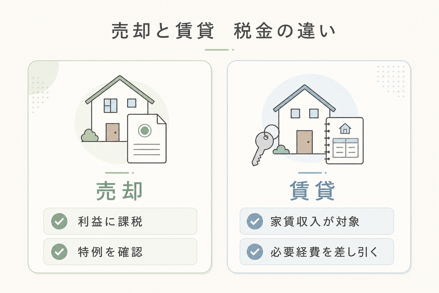 実家を売却する場合と賃貸する場合の税金の違いを示す図解